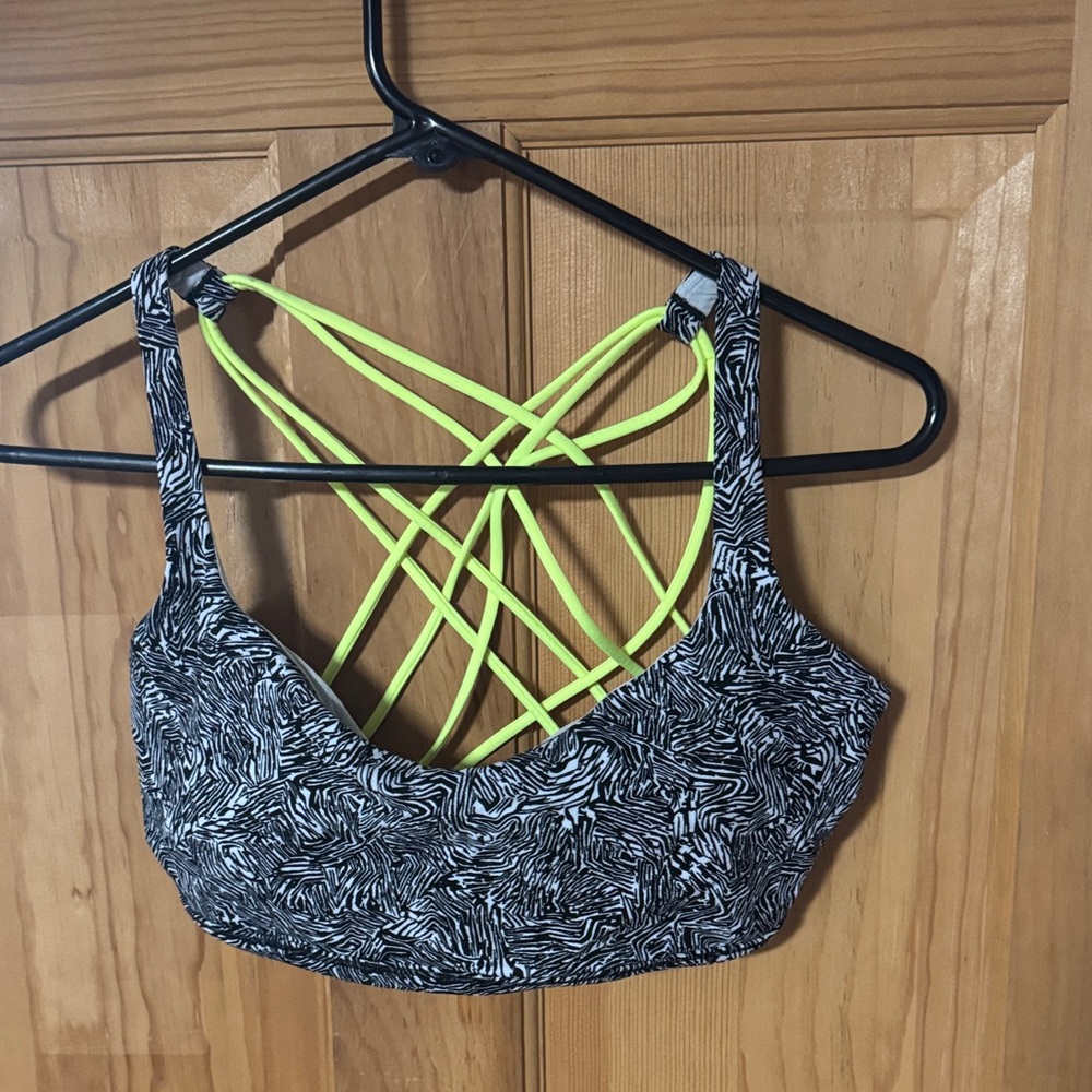 Lululemon Free to Be Black and White Patterned Sports Bra with Neon Straps